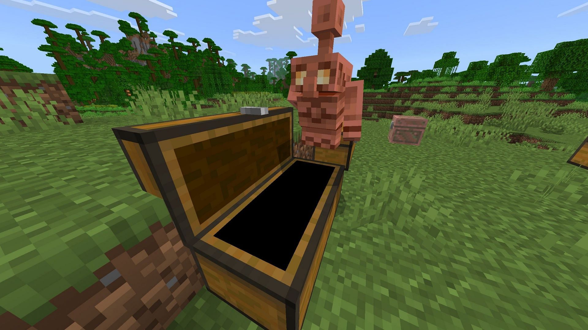 Copper golem&#039;s primary use is to sort items in chests (Image via Sportskeeda Gaming || Mojang Studios)