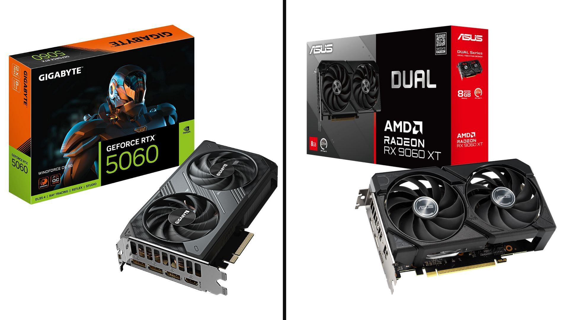 The Nvidia RTX 5060 and AMD RX 9060 XT are capable entry-level 1080p and 1440p gaming GPUs (Image via Asus and Gigabyte)