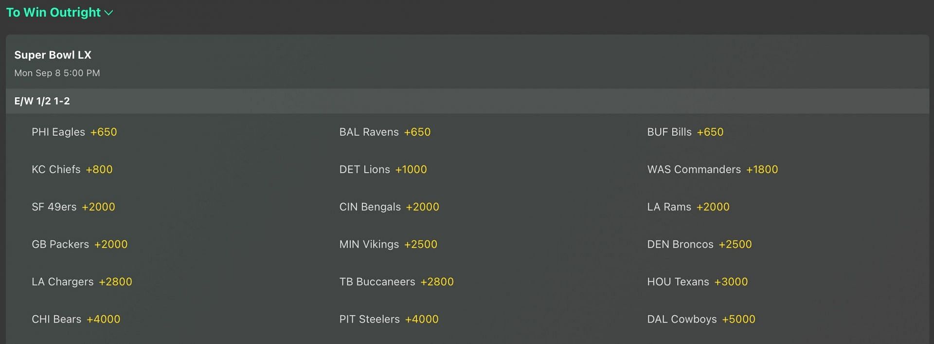 Super Bowl LX Odds - Bet365