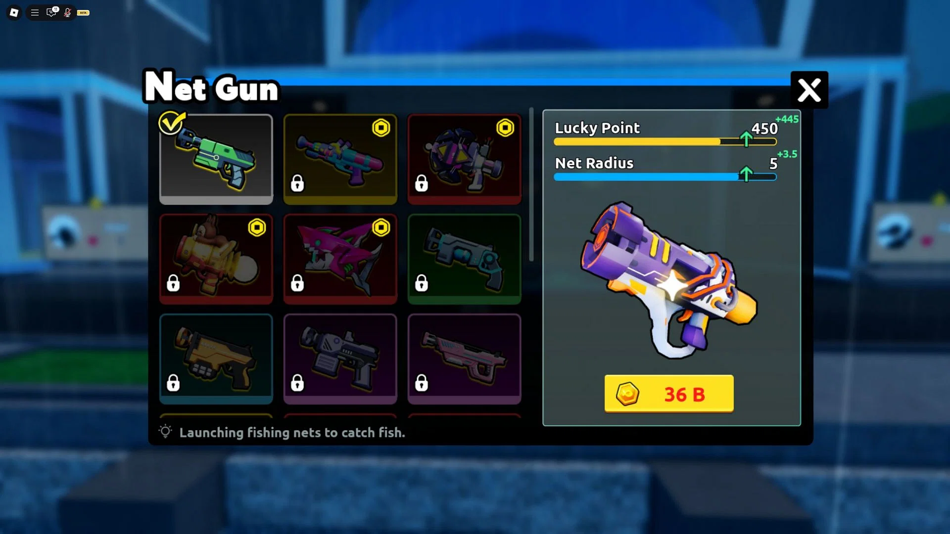 Unlock these upgraded net guns to increase your fishing yields (Image via Roblox)