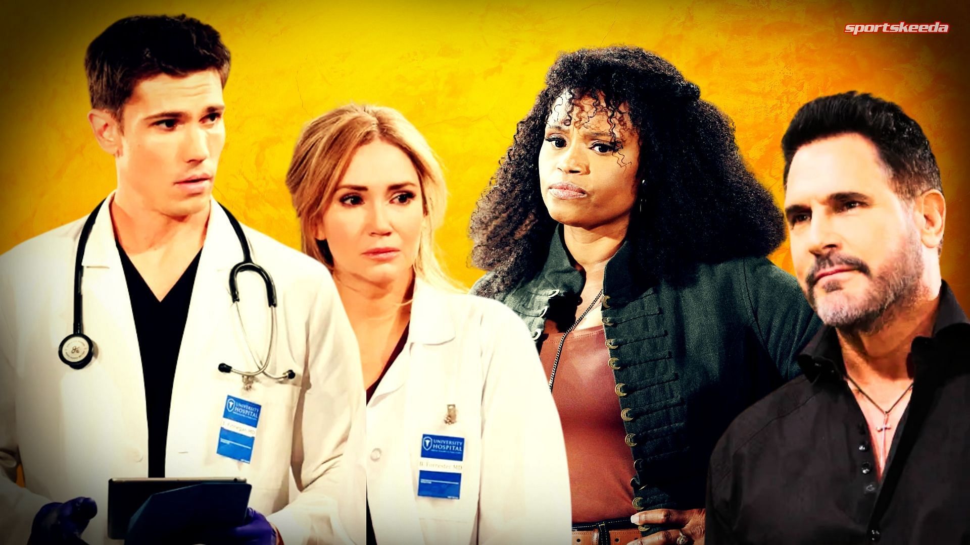 From left, Finn, Bridget, Grace and Bill on The Bold and the Beautiful (Custom edit by Sportskeeda, Original images via CBS Network)