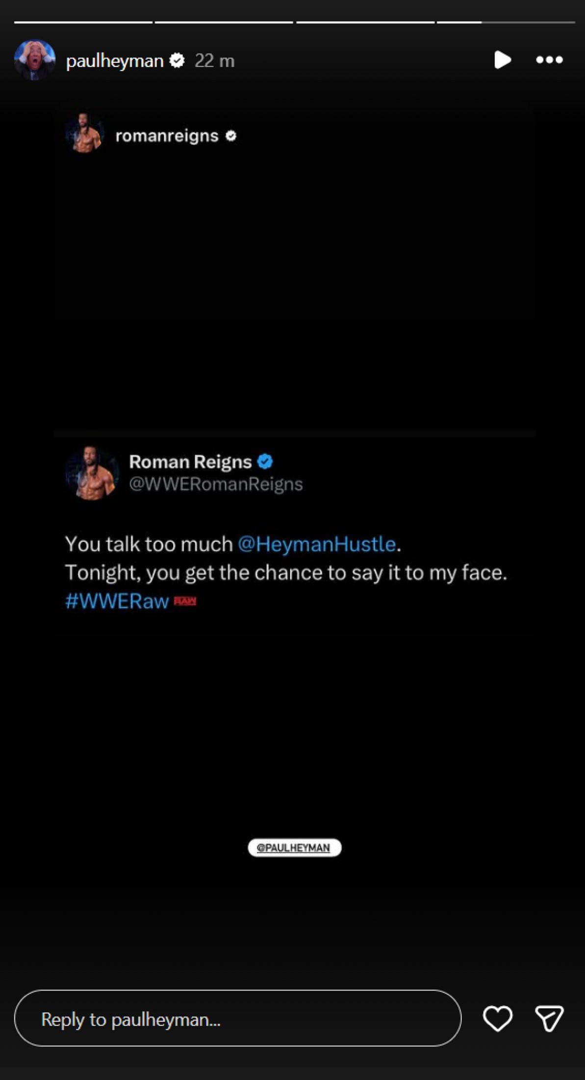 Paul Heyman re-shares Roman Reigns&#039; message [Photo credits: Heyman&#039;s Instagram story]