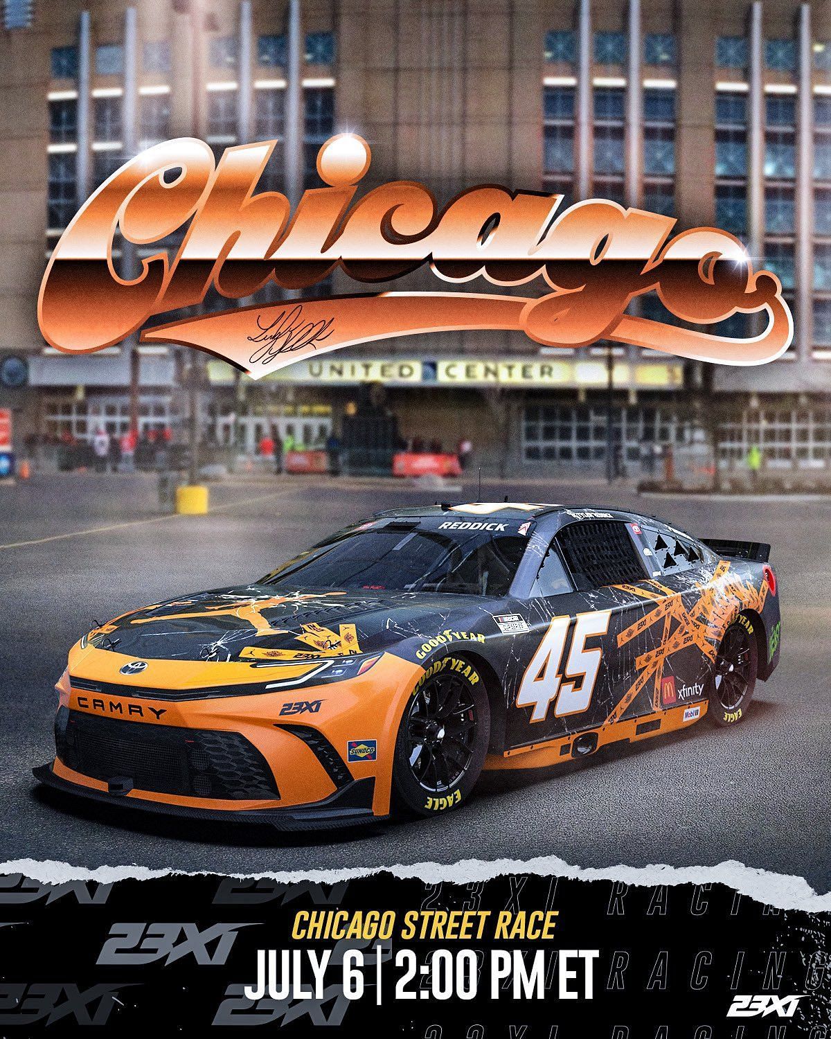 Tyler Reddick&#039;s No. 45 McDonald&#039;s 23XI Racing Toyota for NASCAR&#039;s Chicago Street race. Source: @23XIRacing via X.