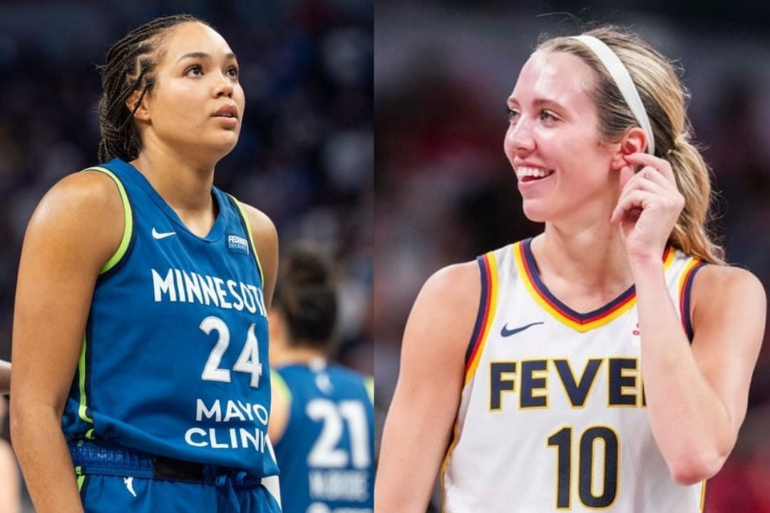 Left: Napheesa Collier of the Minnesota Lynx looks up during a WNBA game, Right: Indiana Fever guard touches her ear during a recent WNBA gamer 