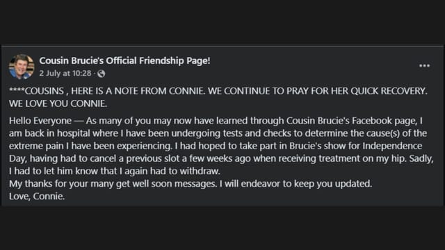 Connie Francis reveals that she's been hospitalized (image via Facebook)