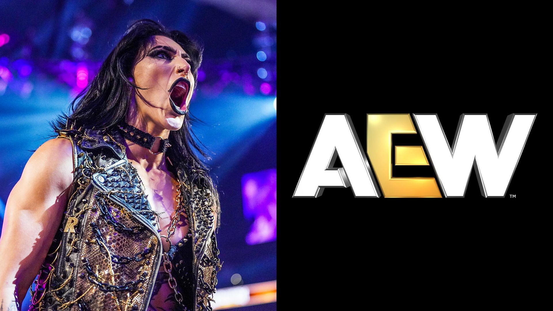 Rhea Ripley (left) and AEW logo (right). (Image credits: wwe.com &amp; AEW Facebook page)
