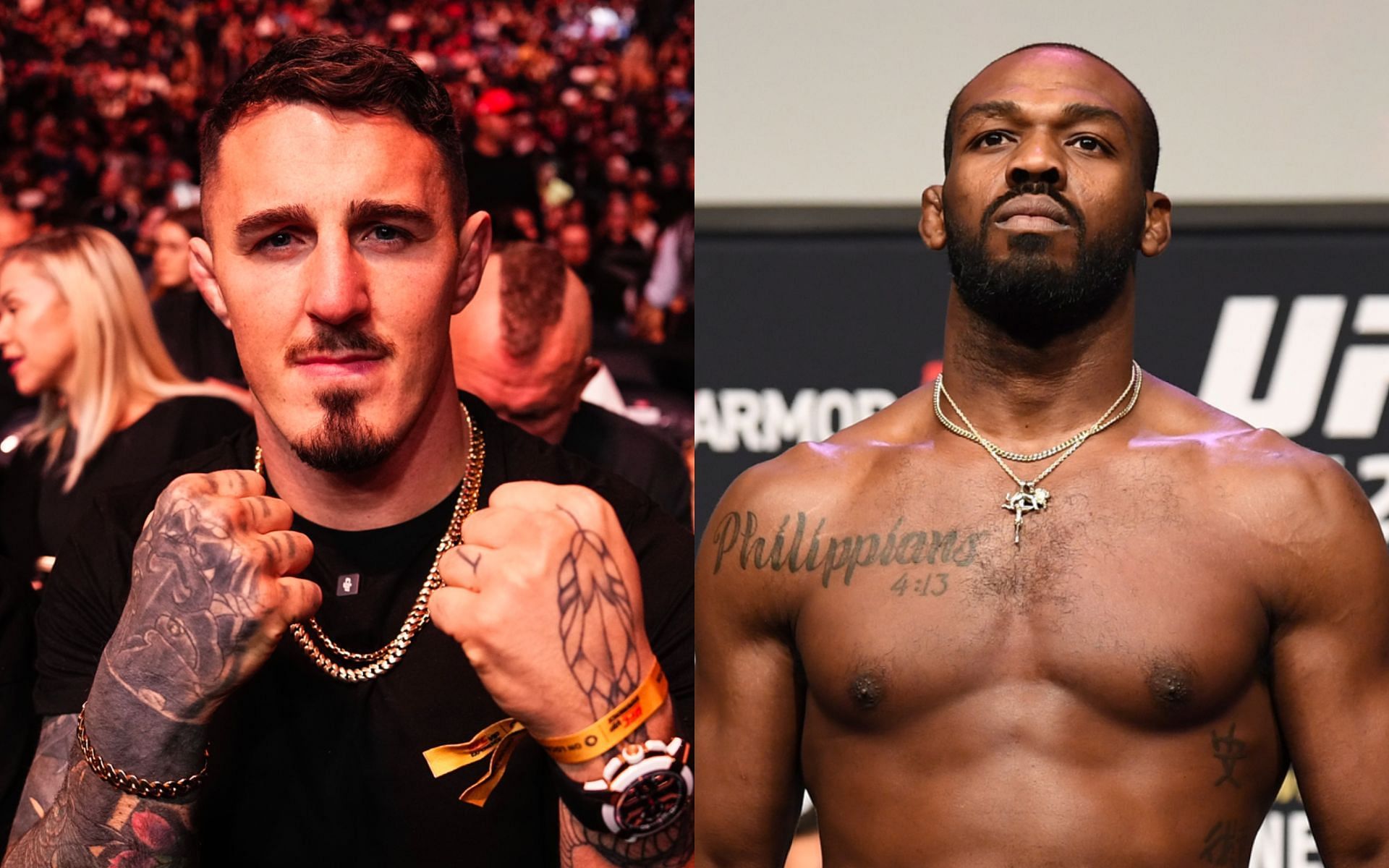 Coach rubbishes idea that Jon Jones (right) ducked Tom Aspinall (left). [Images courtesy: Getty Images]