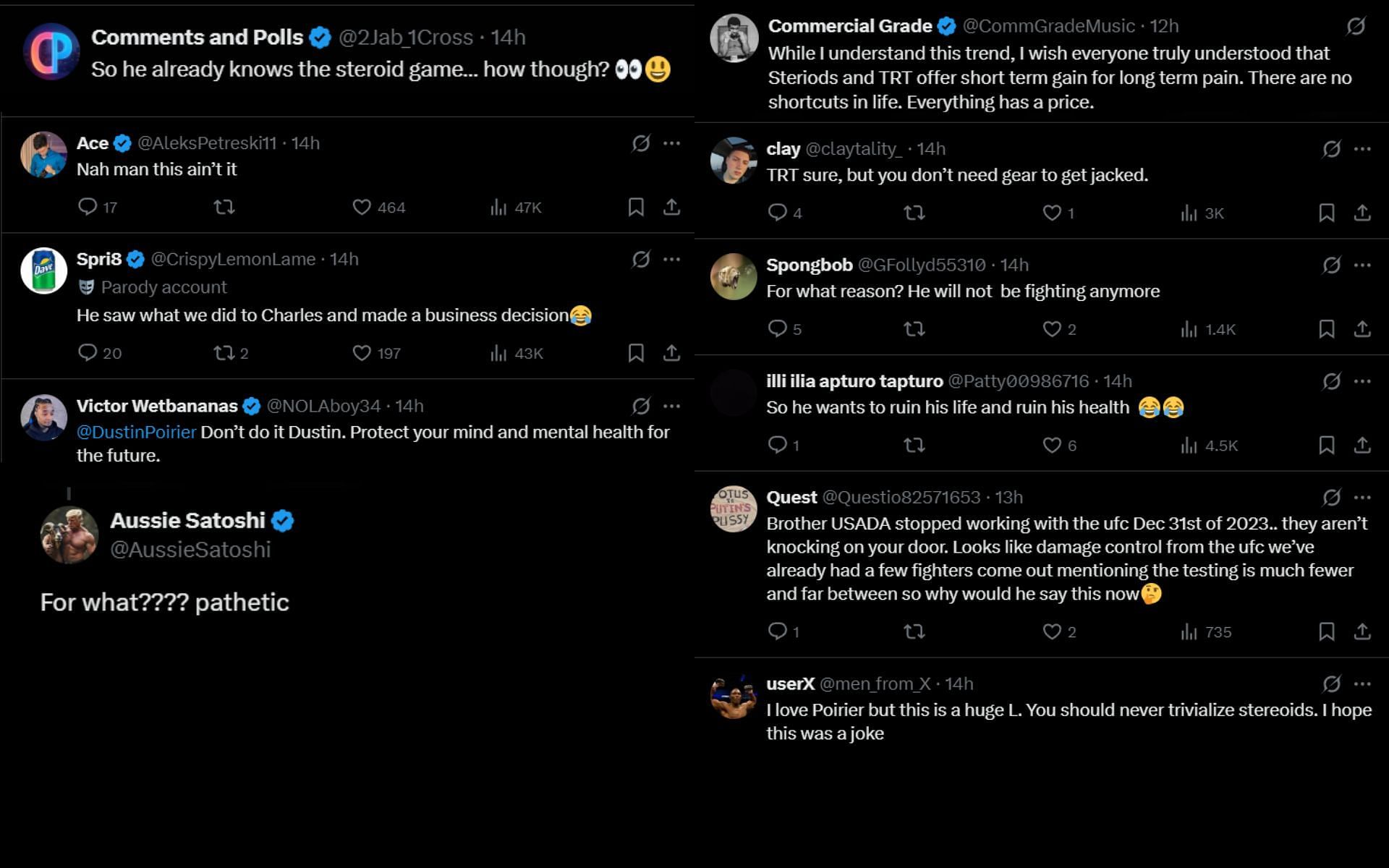 Fans react to Dustin Poirier&#039;s recent comments on steroids. [Screenshots courtesy: @ChampRDS on X]