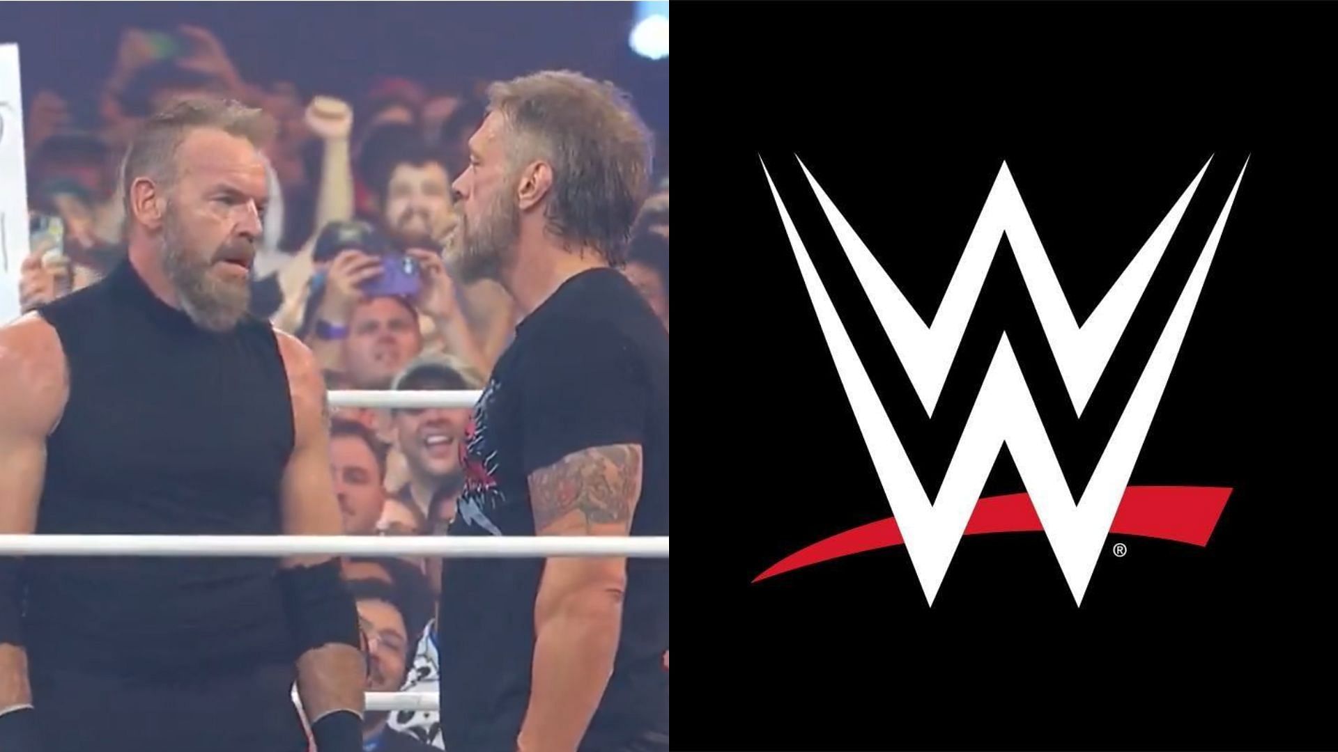 AEW stars Adam Copeland &amp; Christian Cage (left) and WWE logo (right). (Image credits: AEW Twitter page &amp; WWE Facebook page)