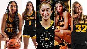Lucy Olsen, Taylor Stremlow, Callie Levin, and Addie Deal hype up Iowa star Hannah Stuelke's sleek moves at the FIBA AmeriCup
