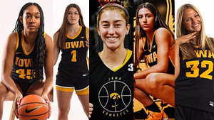 Lucy Olsen, Taylor Stremlow, Callie Levin, and Addie Deal hype up Iowa star Hannah Stuelke's sleek moves at the FIBA AmeriCup