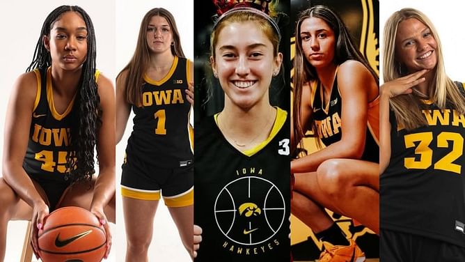 Lucy Olsen, Taylor Stremlow, Callie Levin, and Addie Deal hype up Iowa star Hannah Stuelke's sleek moves at the FIBA AmeriCup