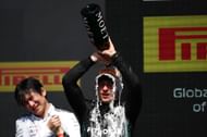 Andrea Kimi Antonelli celebrates on the podium during the F1 Grand Prix of Canada. Source: Getty