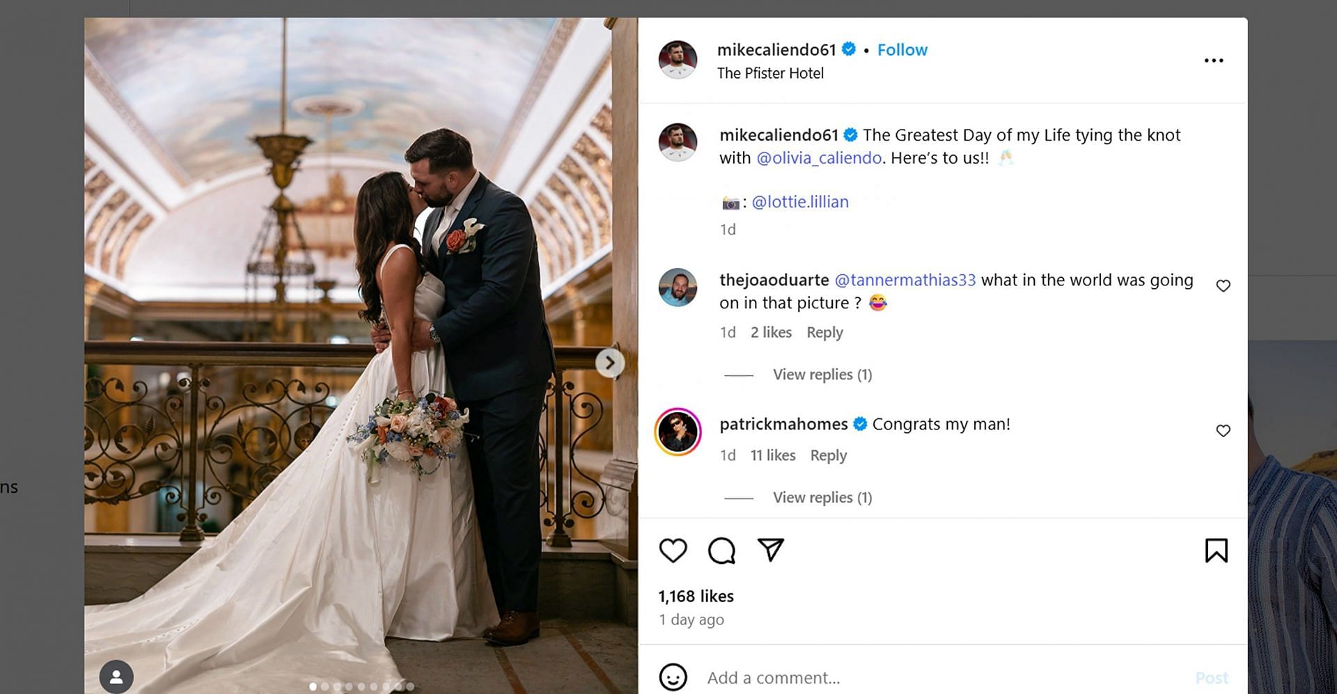Patrick Mahomes drops a message as Chiefs teammate Mike Caliendo announces marriage to fianc&eacute;e Olivia