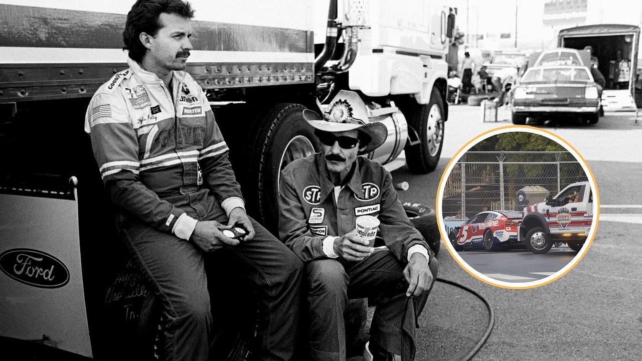 Driver Kyle Petty, left, checks the speed of other drivers while talking with his father, driver Richard Petty, during qualifying trials for the Nashville Pepsi 420 NASCAR Grand National race at Nashville International Raceway on July 13, 1984. Kyle will start in the 15th spot in the race, while his father will start 3rd. (Inset) CHICAGO, IL - JULY 07: Kyle Larson (#5 Hendrick Motorsports Valvoline Chevrolet) crashes into the tire barrier in turn six during the NASCAR Cup Series Grant Park 165 at the Chicago Street Circuit on July 07, 2024 in Chicago, Illinois. (Photo by Joseph Weiser/Icon Sportswire via Getty Images)