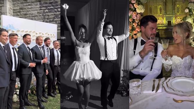 JUST MARRIED: Mackenzie Weegar ties the knot with partner Maggie in chapel ceremony attended by Flames teammates and family