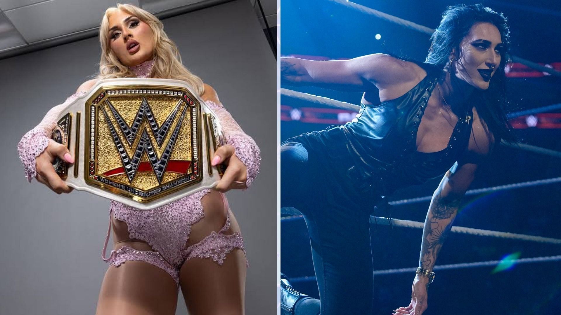 Things could change greatly for Tiffany Stratton and Rhea Ripley at Evolution. (Image Credits: WWE.com; WWE Australia on X).