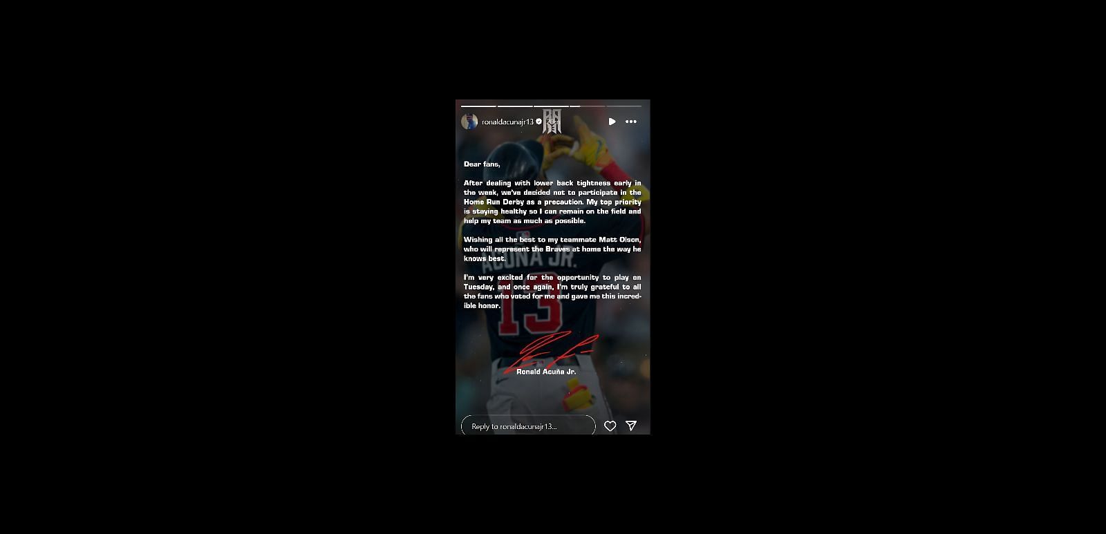 Acu&ntilde;a officially announced his withdrawal from the 2025 Home Run Derby (Via Instagram handle is @ronaldacunajr13)