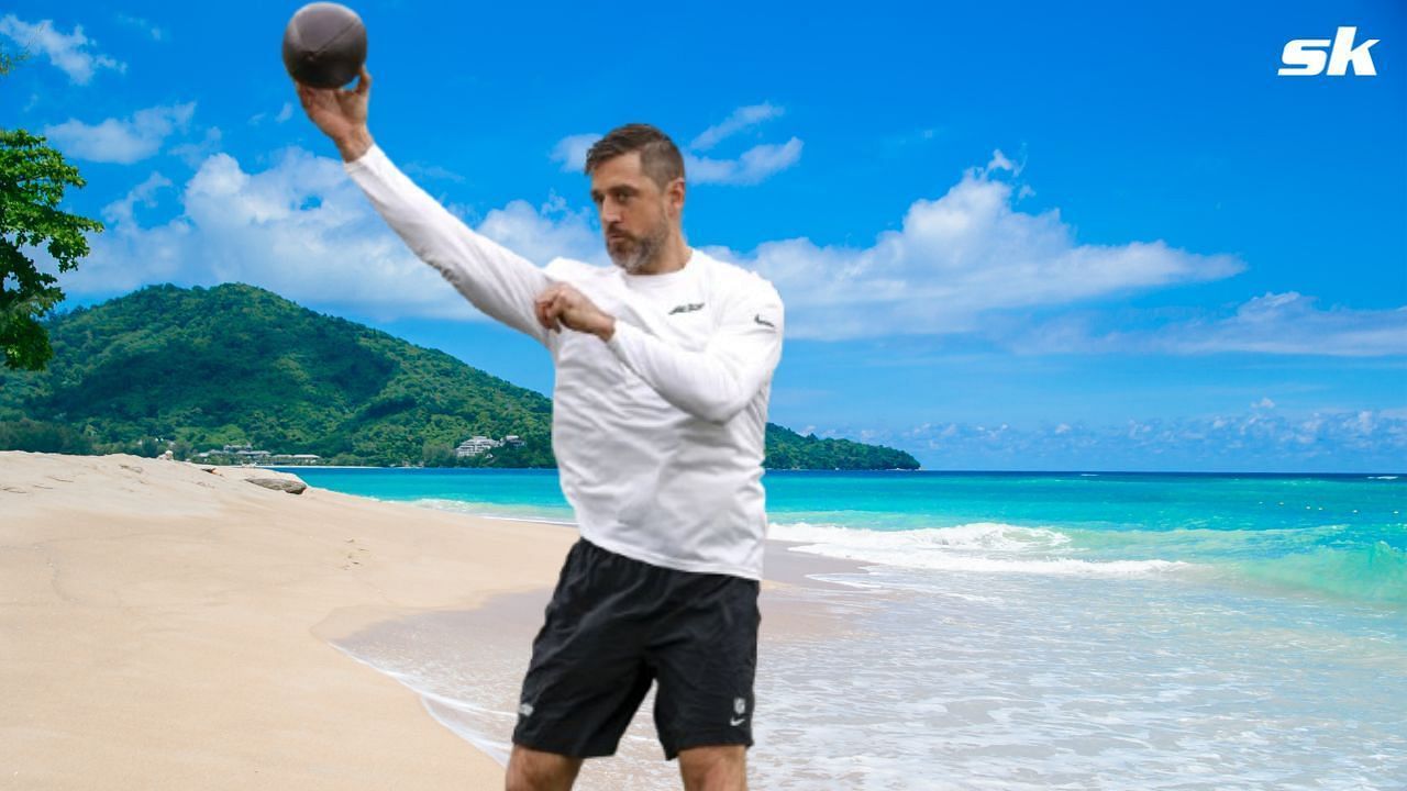 Aaron Rodgers at beach collage