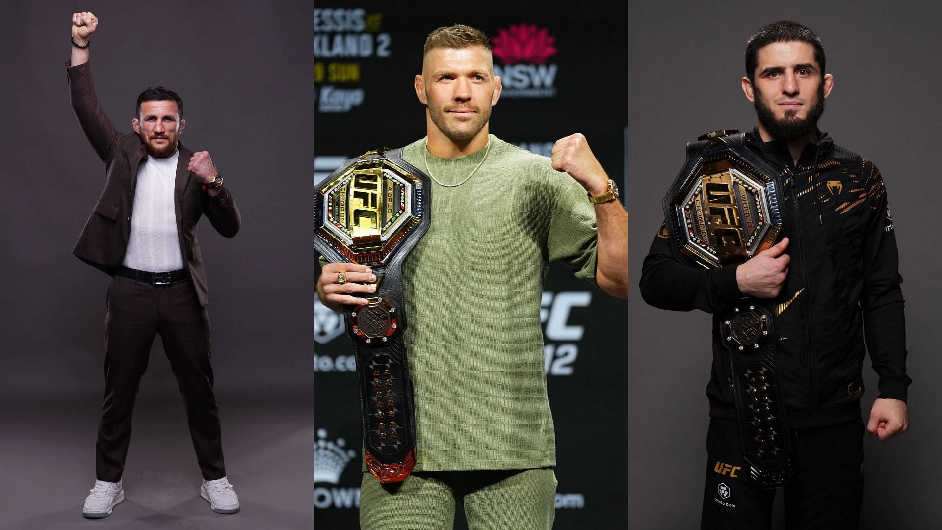 Merab Dvalishvili (left) outshines Dricus du Plessis (middle) and Islam Makhachev (right) to win the ESPY Fighter of the Year award. [Images courtesy: Getty Images]