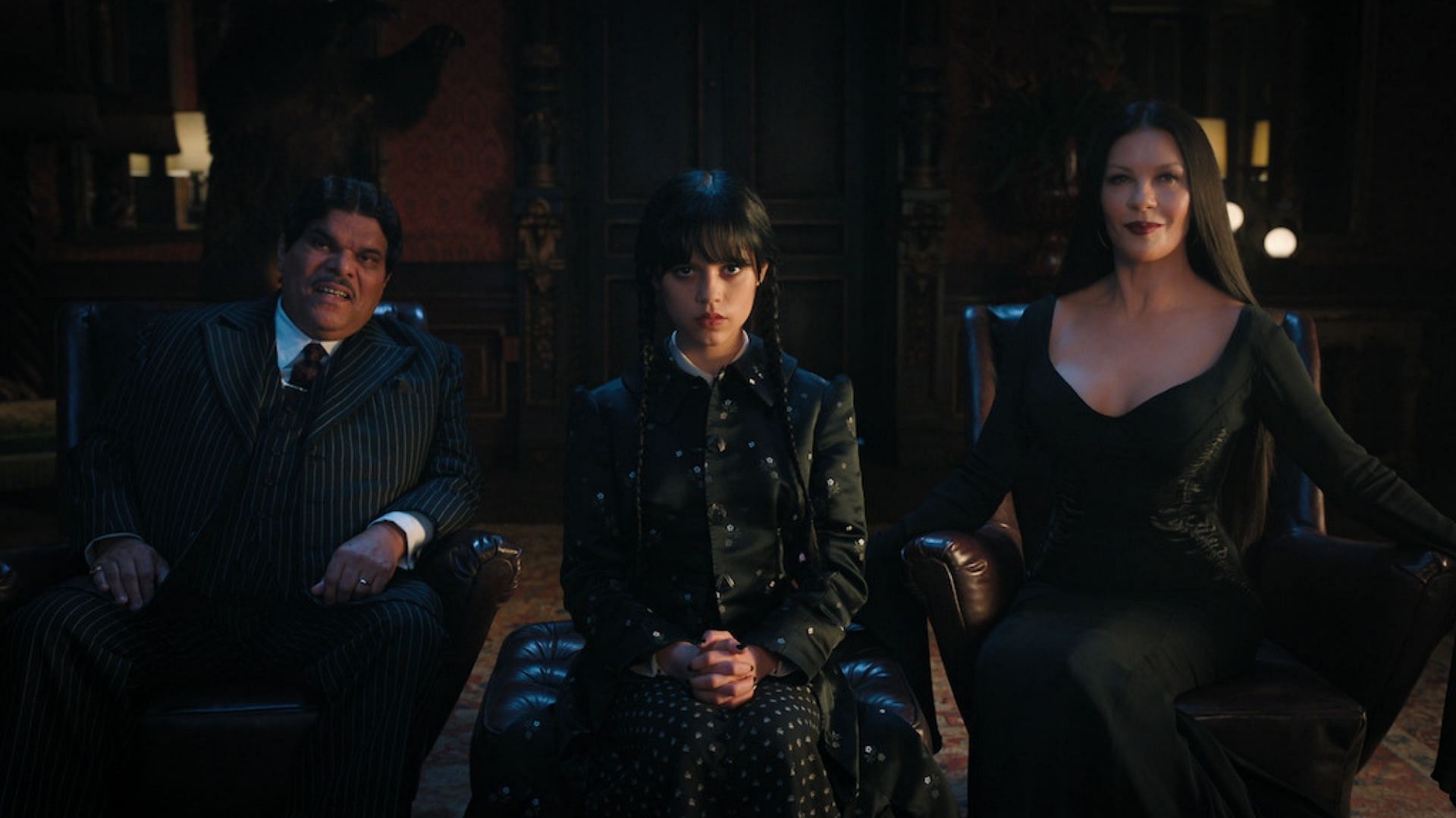 Gomez Addams, Wednesday Addams, and Morticia Addams in Wednesday season 1 (Image via Netflix)