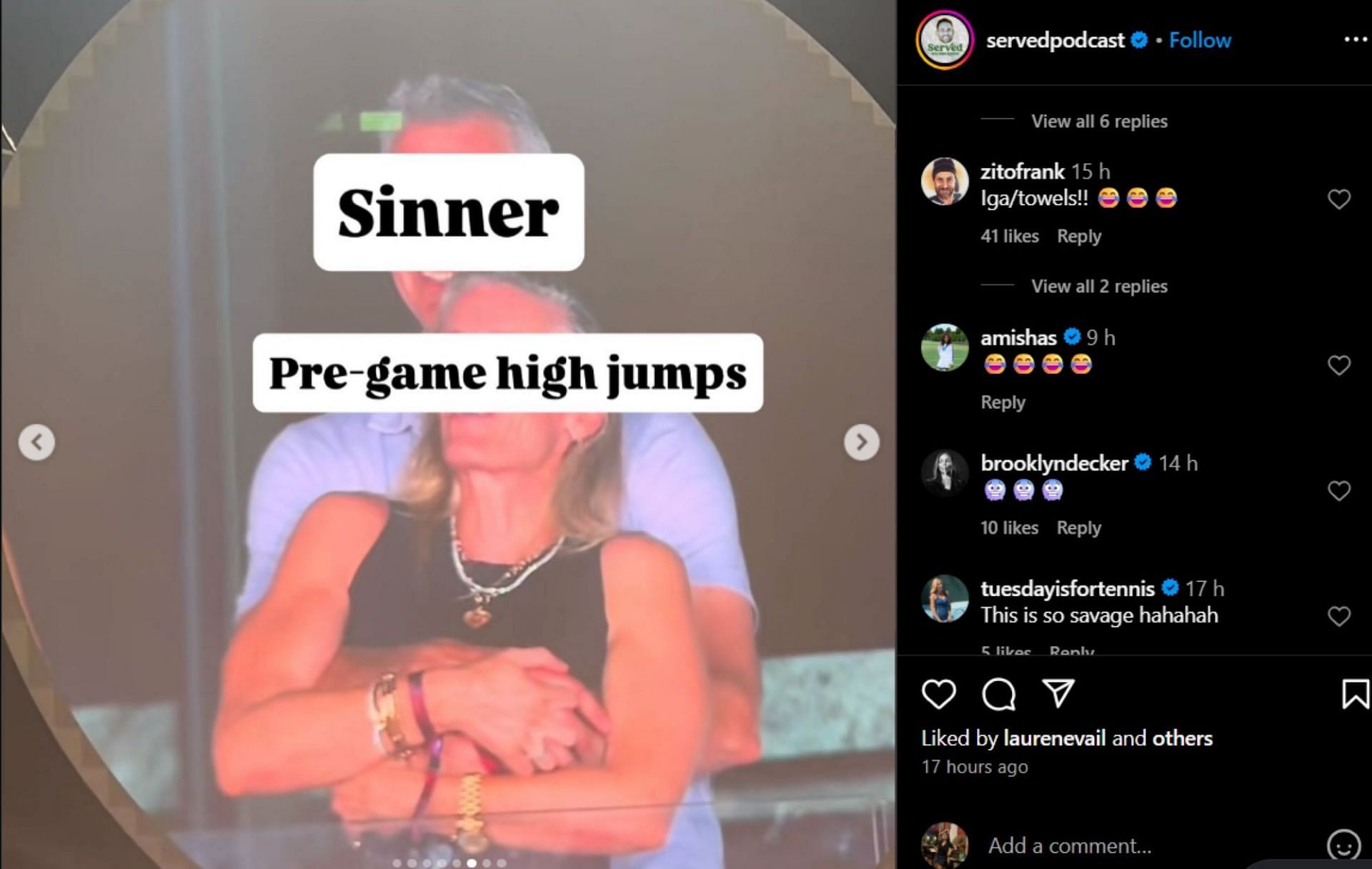 Roddick&#039;s wife reacted to his meme creativity; Instagram - @servedpodcast