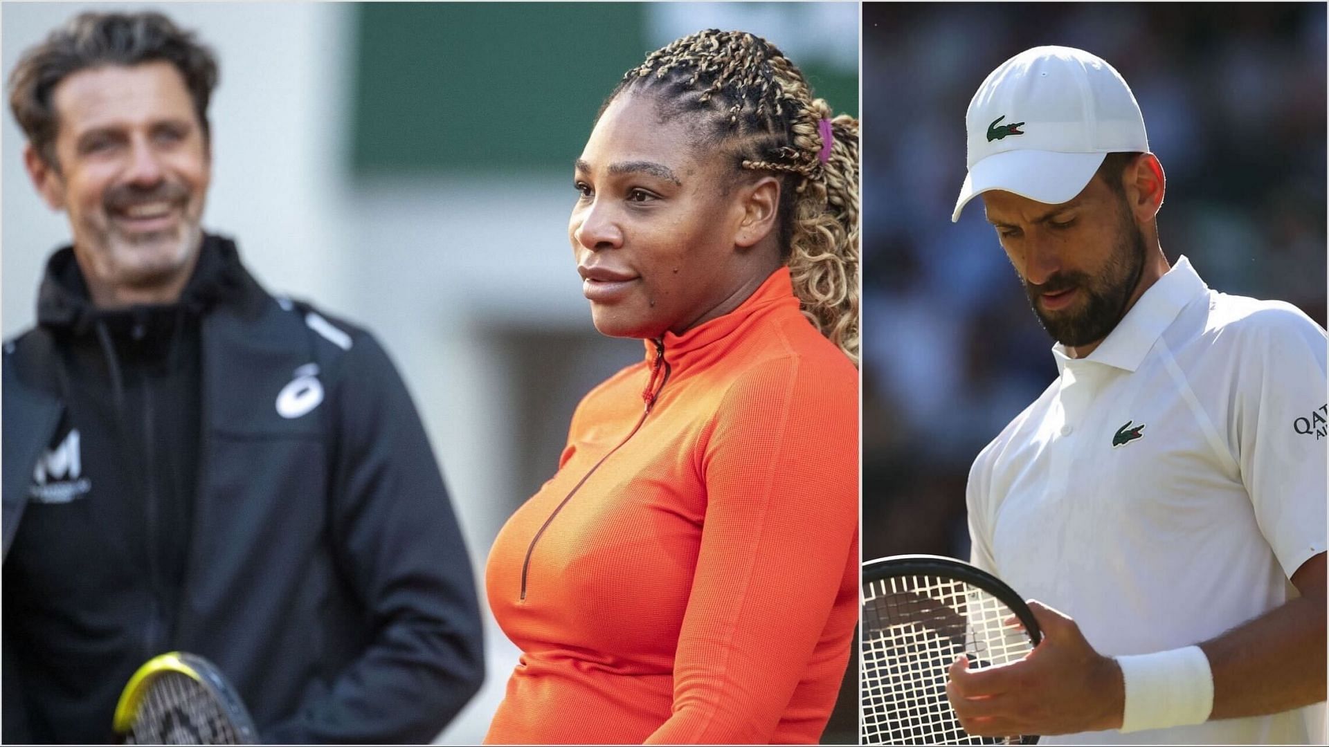 Serena Williams with former coach Patrick Mouratoglou(left) and Novak Djokovic(right). Images:Getty