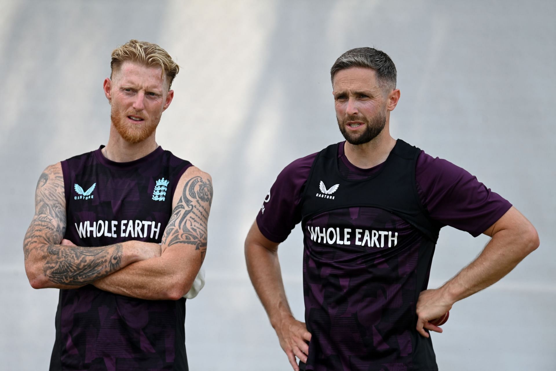 Ben Stokes has a chat with Chris Woakes during a nets session at Edgbaston