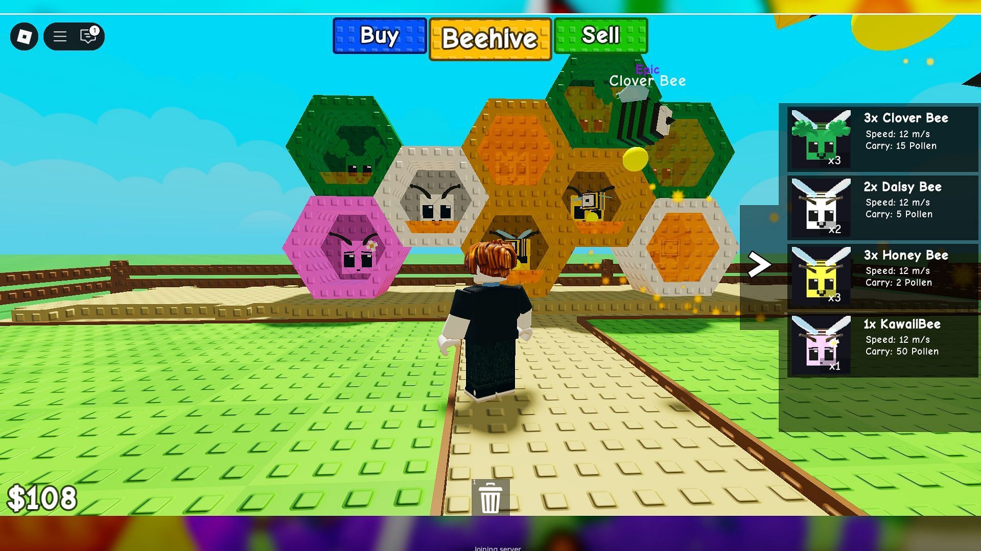 Bee hive and bee stats (Image via Roblox)