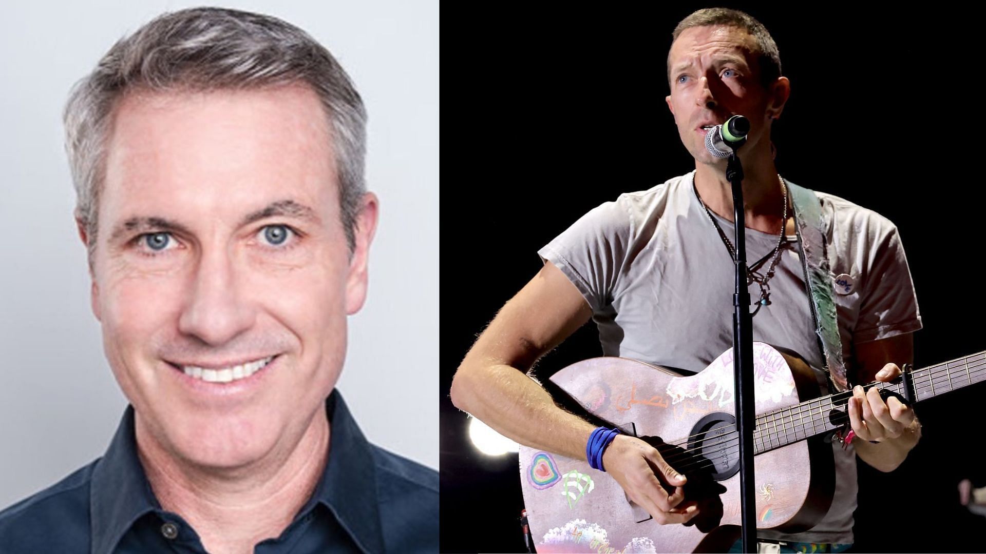 From L to R,  Astronomer CEO Andy Byron and Chris Martin from Coldplay, Image via X/ @PopBase and Image via Getty Images