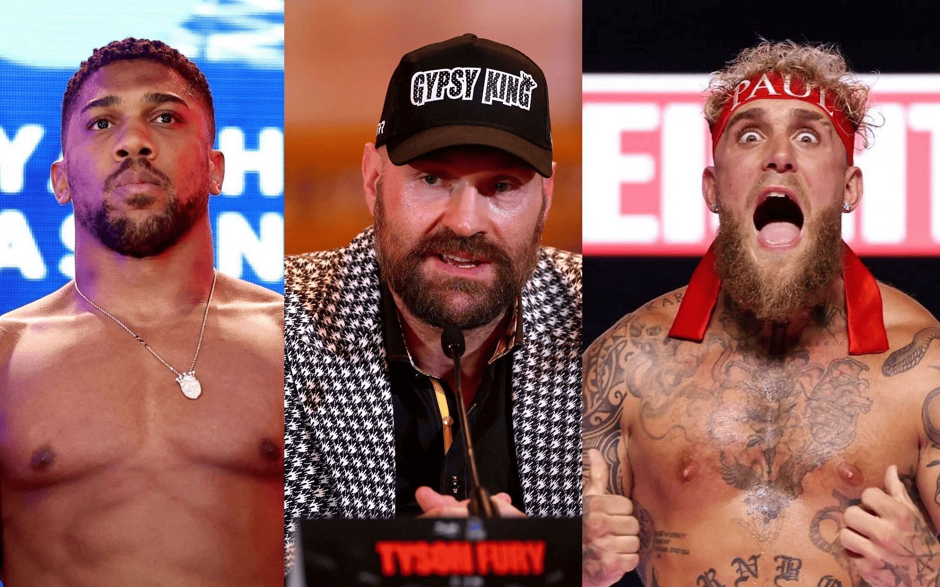 Tyson Fury (middle) asserts confidence in Jake Paul (right) to beat Anthony Joshua (left). [Images courtesy: Getty]