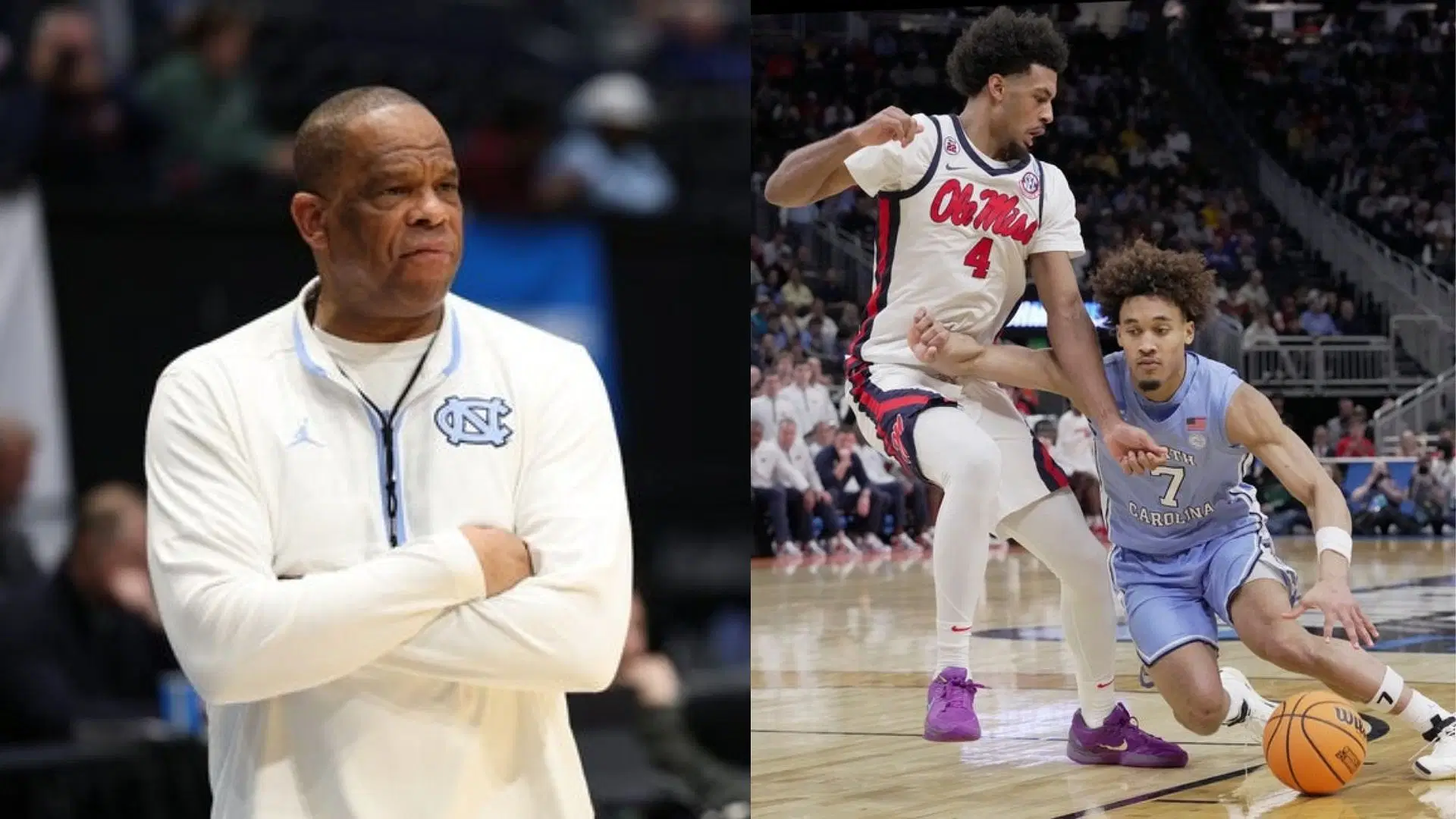UNC coach Hubert Davis (left) and guard Seth Trimble (right) (Image Source: IMAGN)