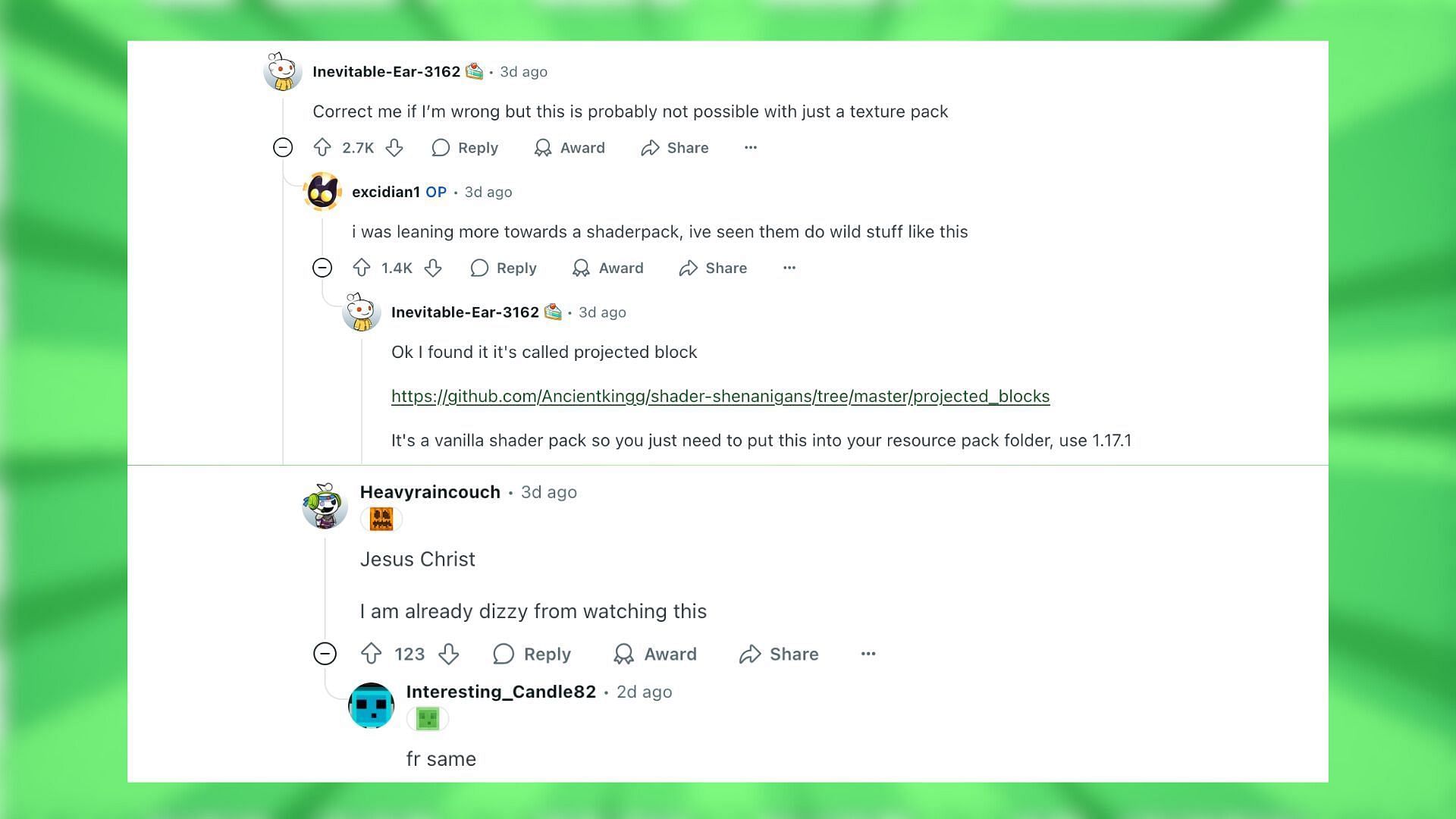 Redditors react to the disorienting shader pack (Image via Reddit)