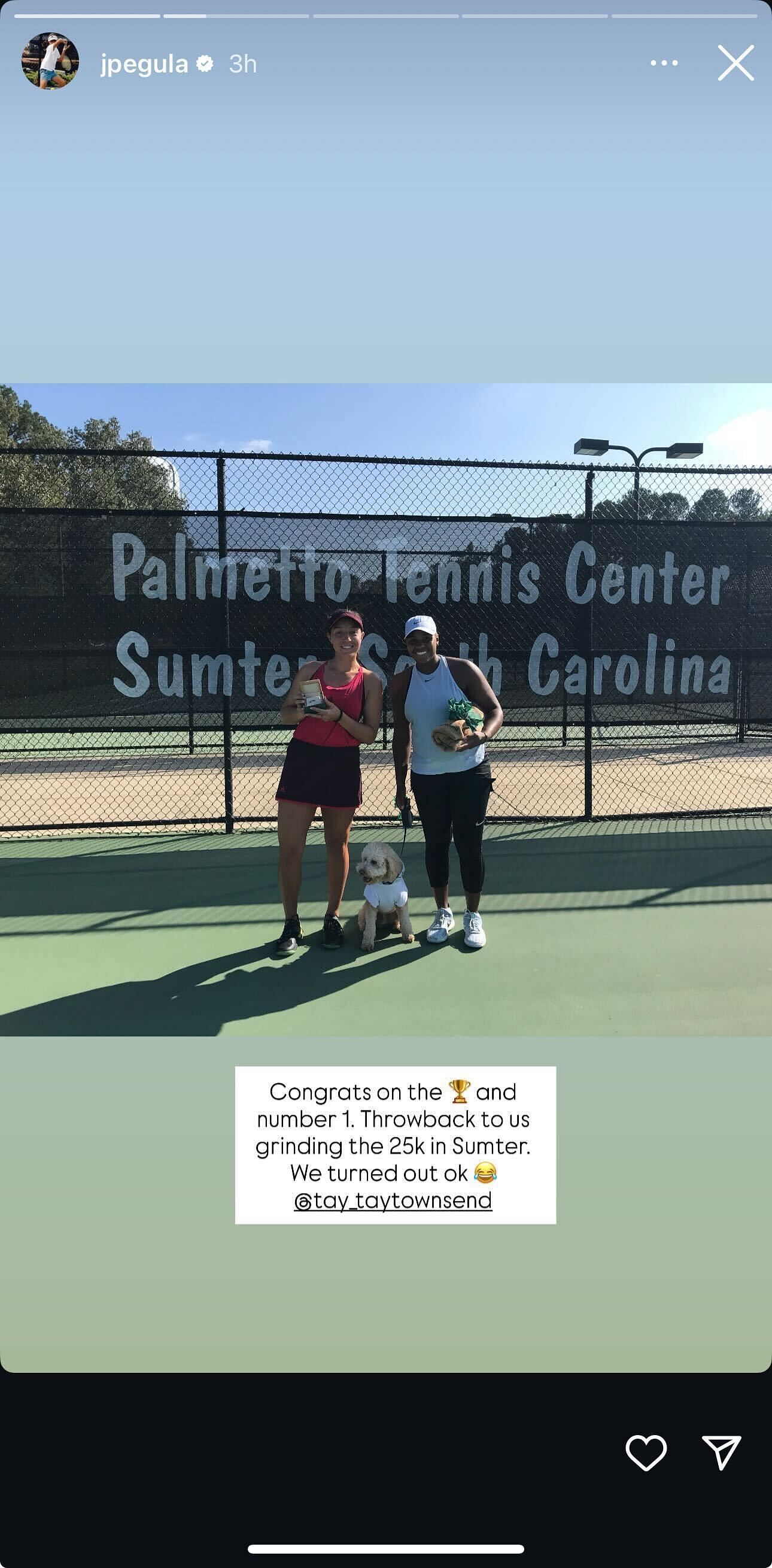 Pegula&#039;s Instagram Story congratulating Townsend after the latter&#039;s women&#039;s doubles title-winning run in Washington (Source: Instagram/jpegula)