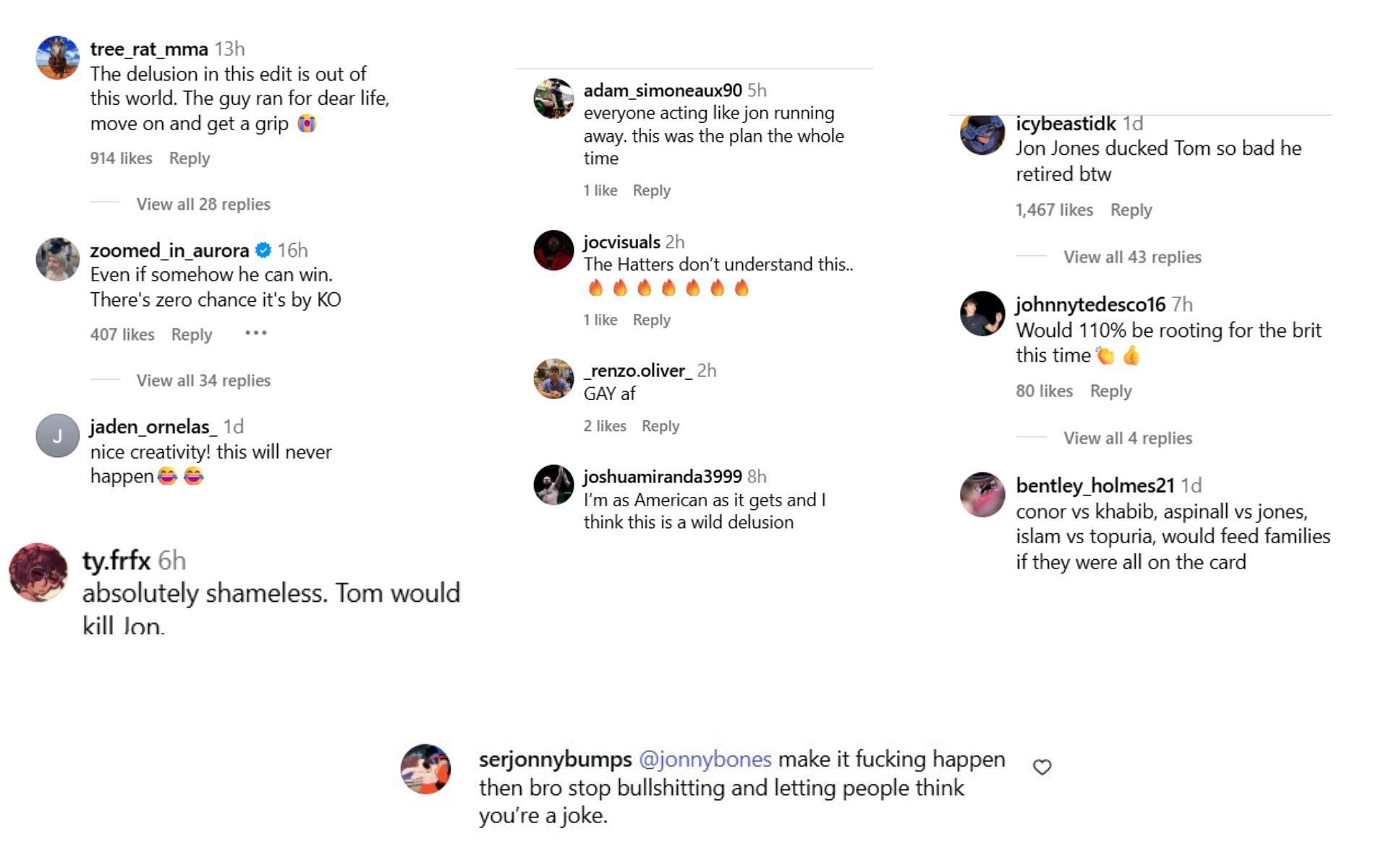Fans react to Jon Jones&#039; comments on fan art of him fighting Tom Aspinall. [Screenshot courtesy: @acgraphixs on Instagram]