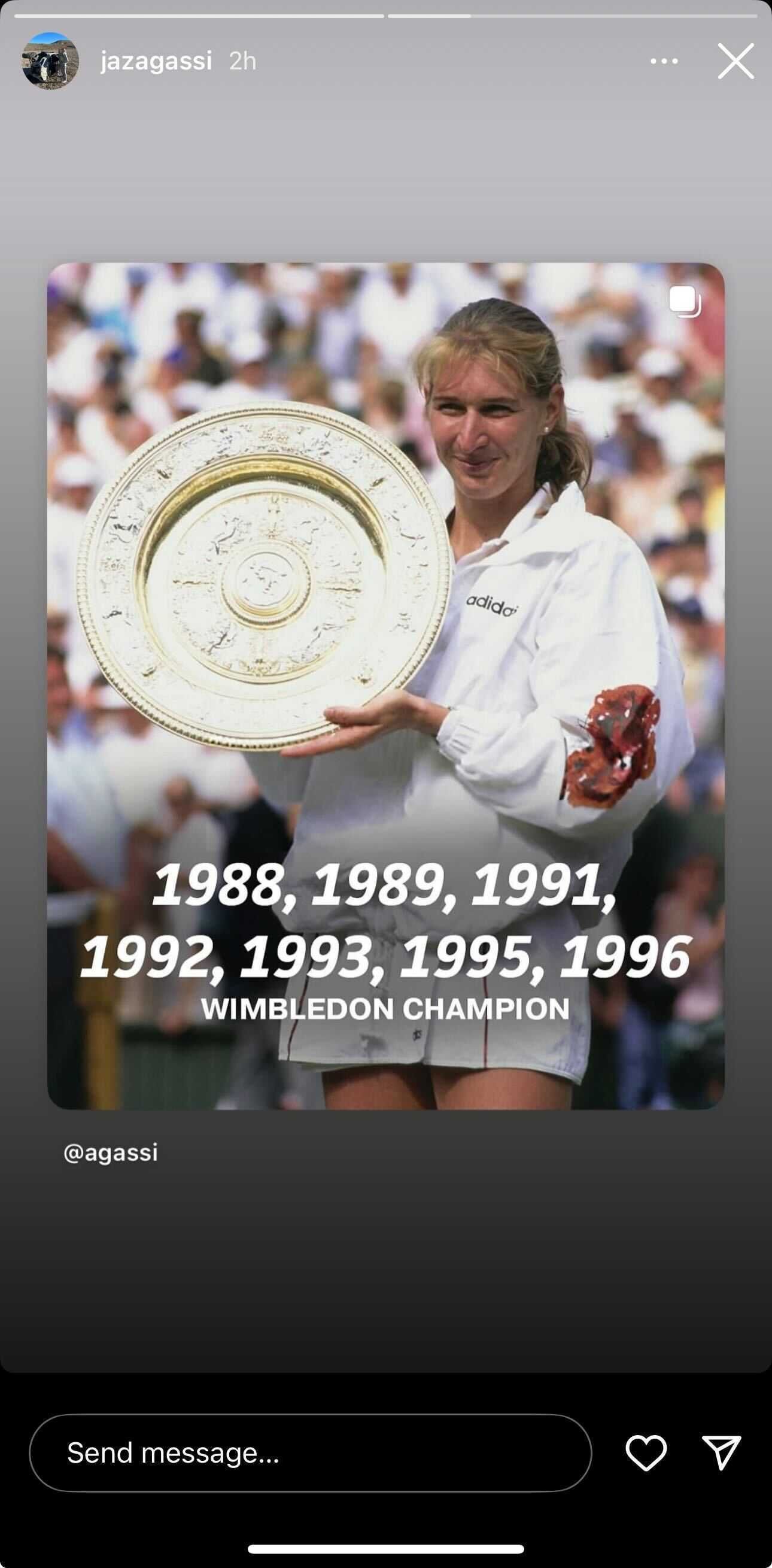 Jaz Agassi celebrates her mother's achievements at Wimbledon Image Source: Instagram