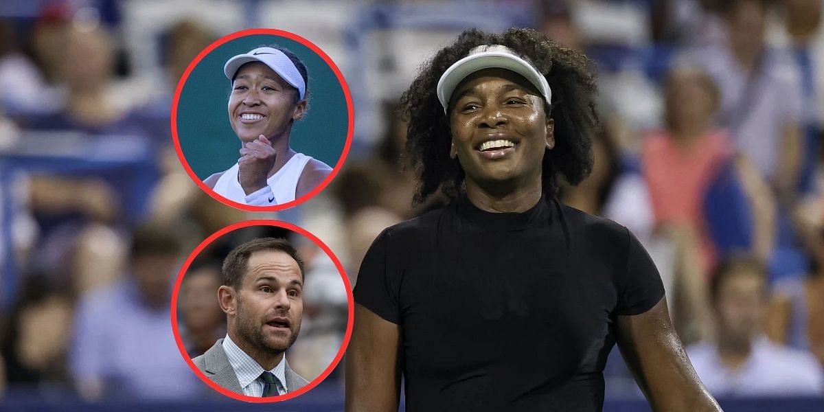 Venus Williams (background), Naomi Osaka (top left inset), Andy Roddick (bottom left inset), Sources: Getty