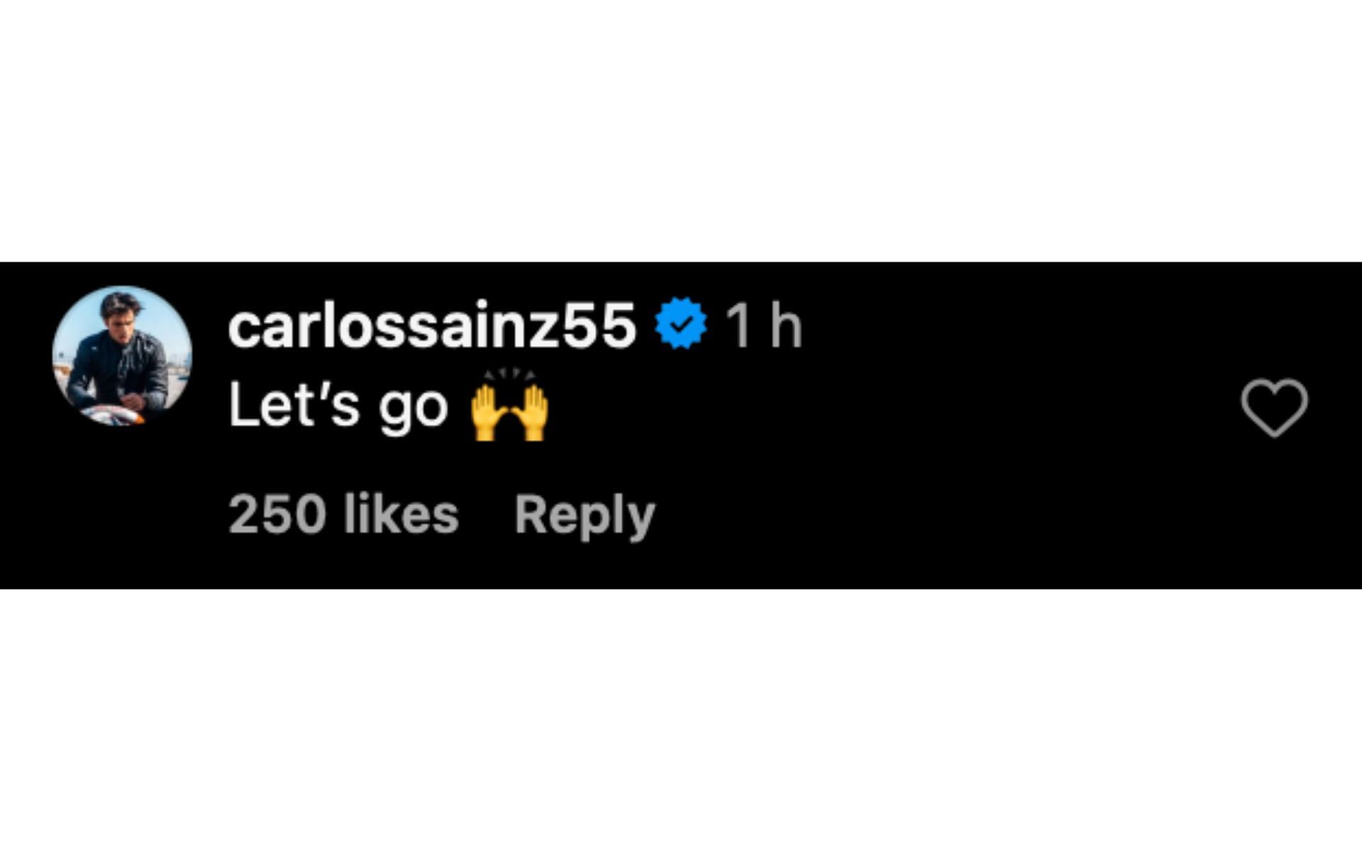 Carlos Sainz&#039;s comment on Williams&#039; Instagram post | Source: Instagram