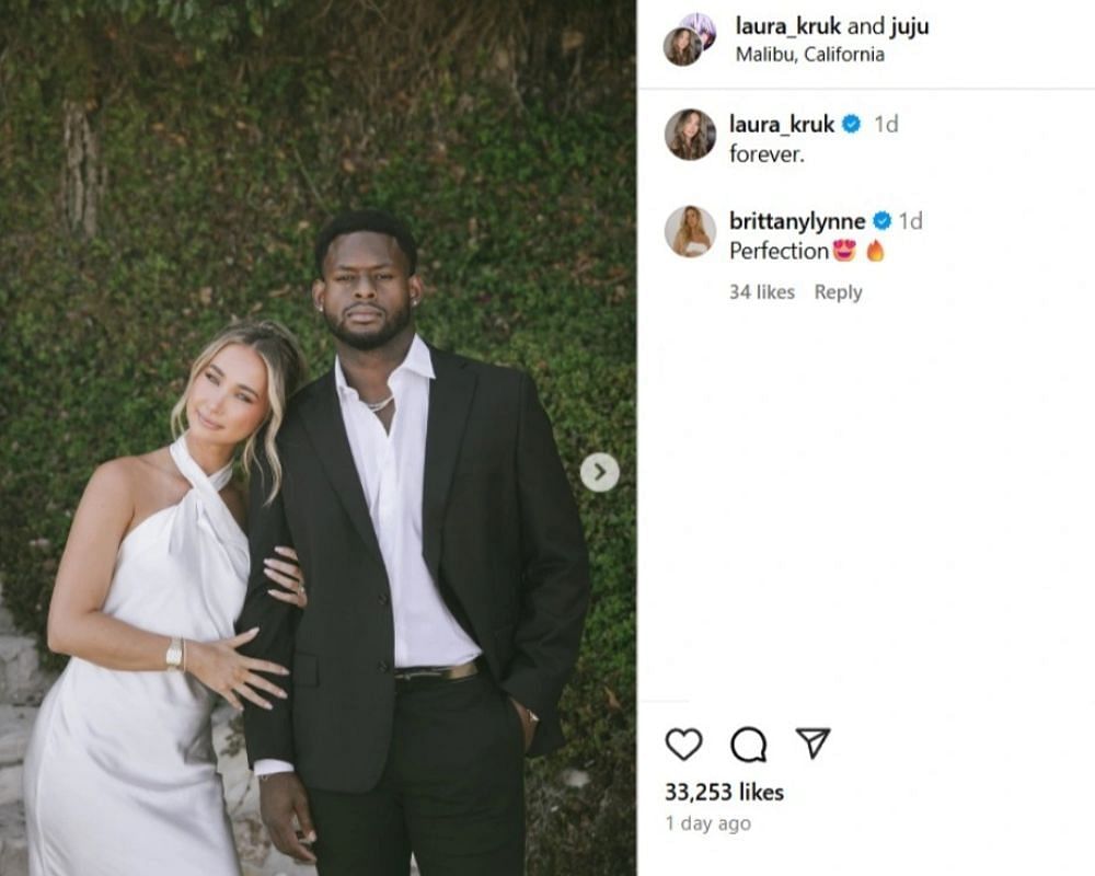 Brittany Mahomes&#039; 1-word reaction to JuJu Smith&#039;s pre-wedding shoot with fianc&eacute;e Laura Kruk [IG/@laura_kruk]