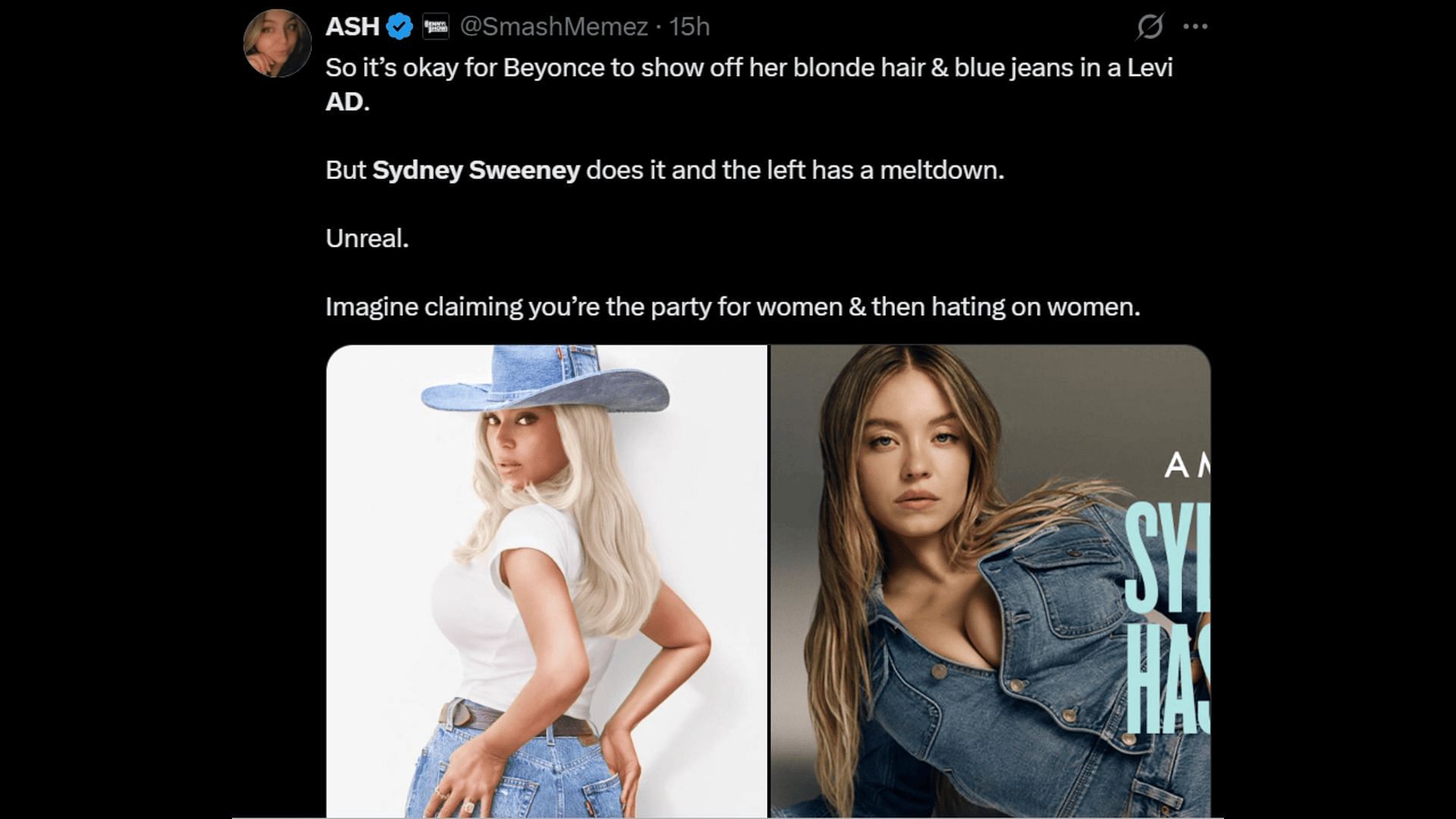 Another tweet comparing Sydney Sweeney and Beyonc&eacute;&#039;s jeans campaigns. (Image via X)