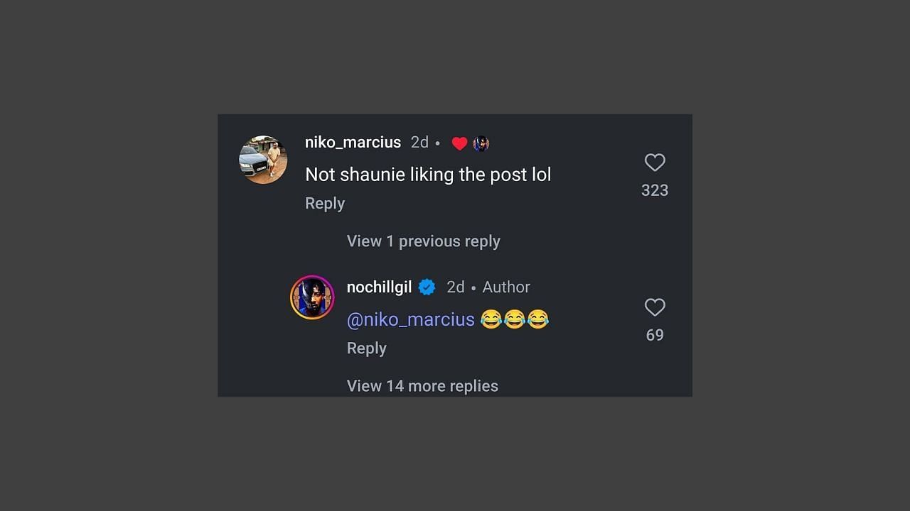 Arenas reacts to a fan informing him of Shaunie liking his roast. (Credits: @nochillgil/Instagram)