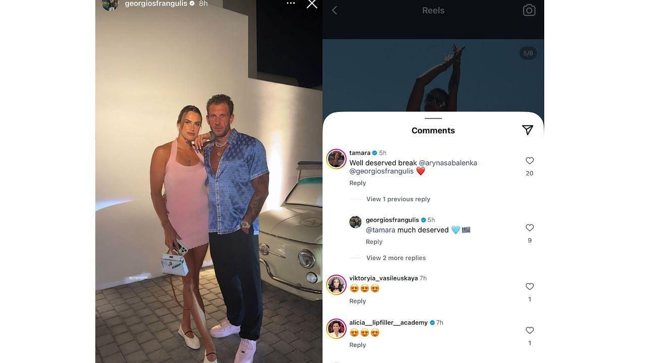 Frangulis&#039; Instagram story and Sabalenka&#039;s post&#039;s comment section