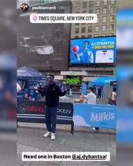 ESPN's Analyst Paul Biancardi drops 4-word reaction to $4,100,000 NIL valued AJ Dybantsa's billboard at Times Square. (Image via Instagram @paulbiancardi)