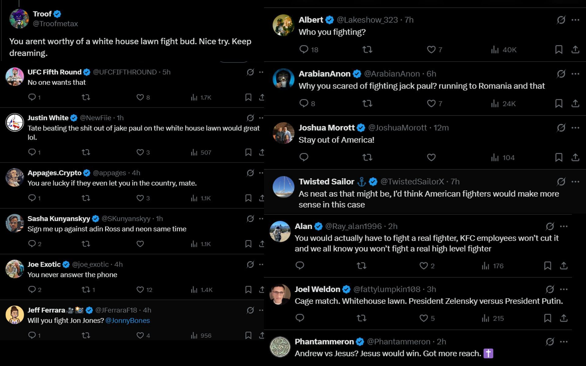 Fans react to Andrew Tate&#039;s message to Dana White for a potential fight at UFC White House event. [Screenshots courtesy: @Cobratate on X]