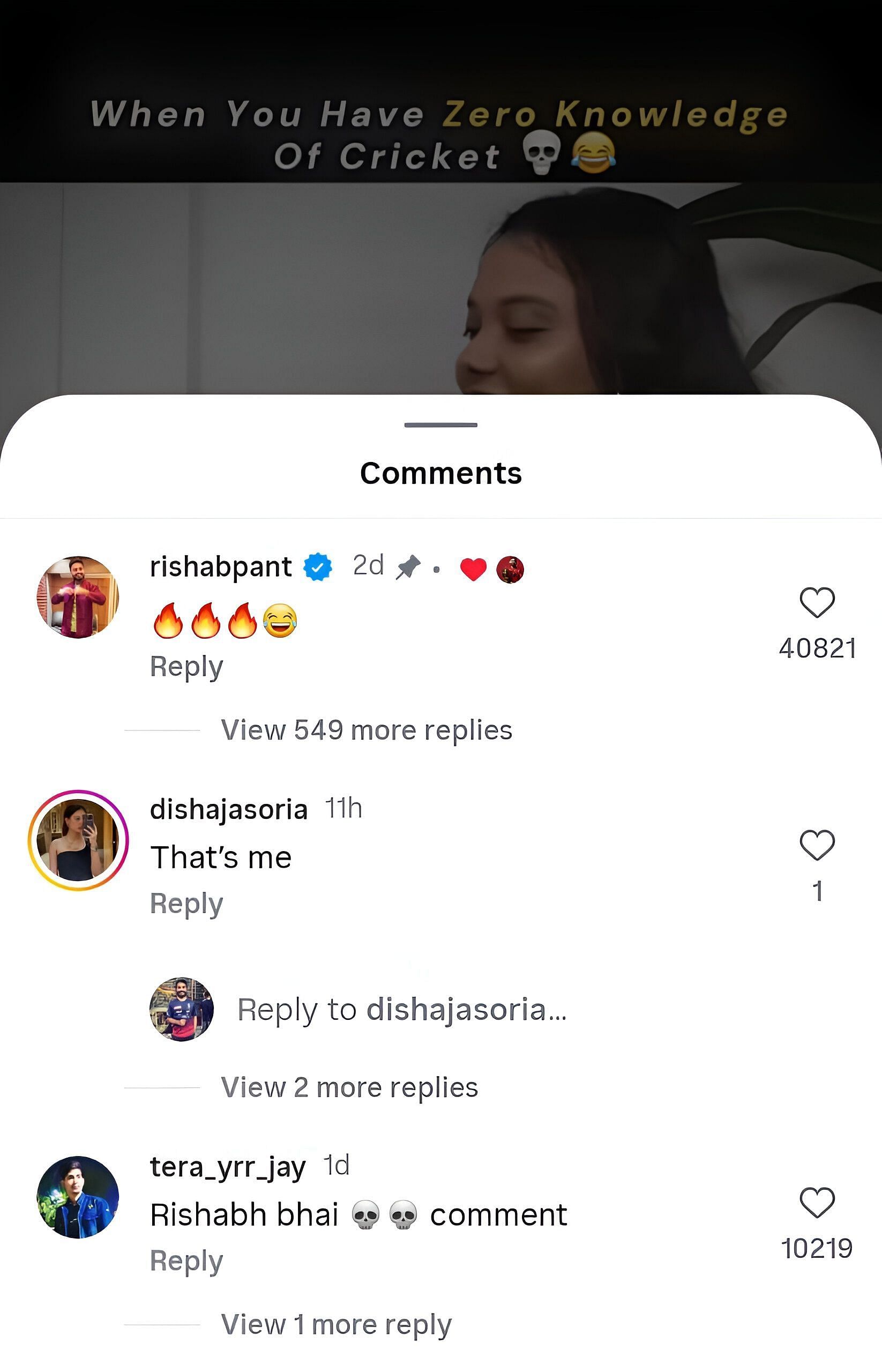 Screenshot of Rishabh Pant&#039;s comment - Source: rcb35116/IG