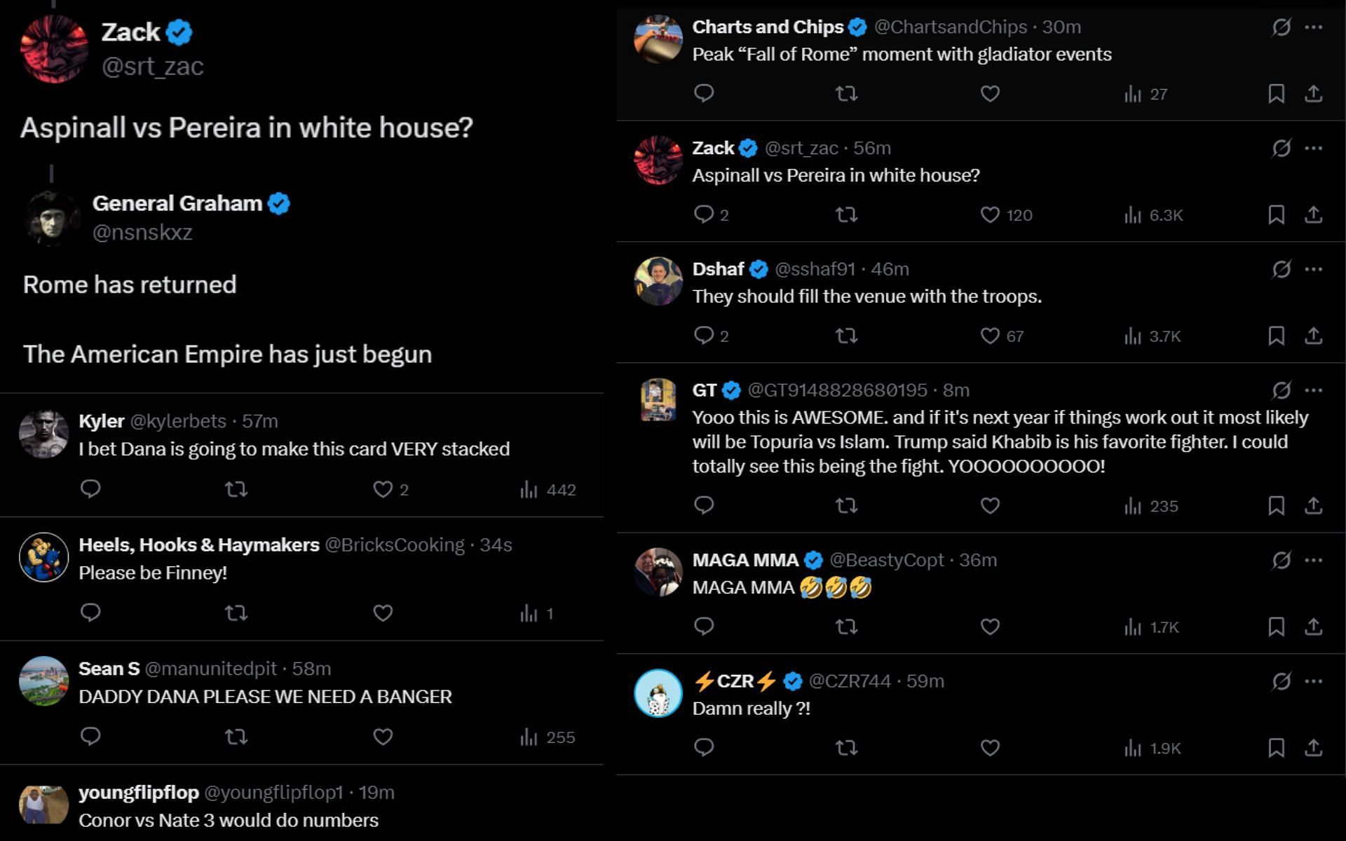Fans react to Donald Trump announcing a potential UFC event in the White House. [Screenshots courtesy: @ChampRDS on X]