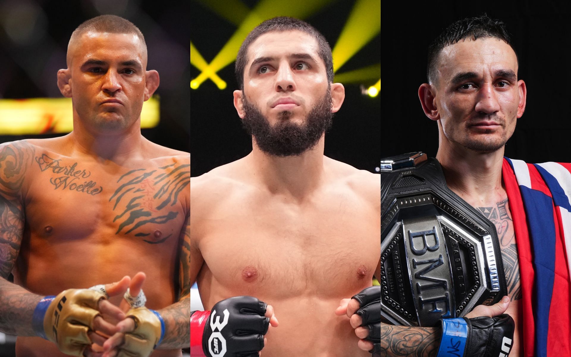 Islam Makhachev (middle) predicts Max Holloway (right) vs. Dustin Poirier (left) trilogy fight. [Images courtesy: Getty Images]