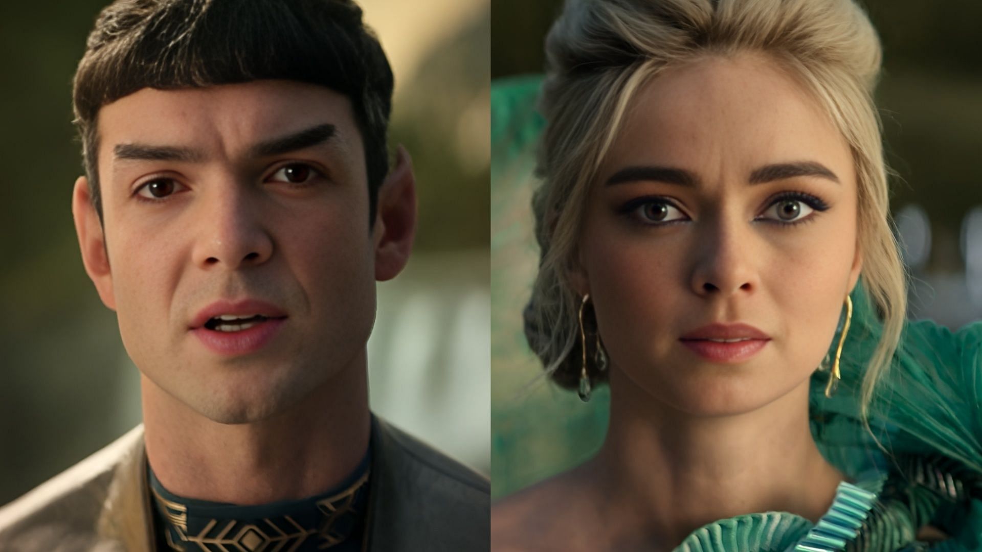 Spock and Christine Chapel share a surreal moment in Star Trek: Strange New Worlds season 3 as they face an alternate-reality wedding orchestrated by a cosmic trickster. (Image via Paramount+)