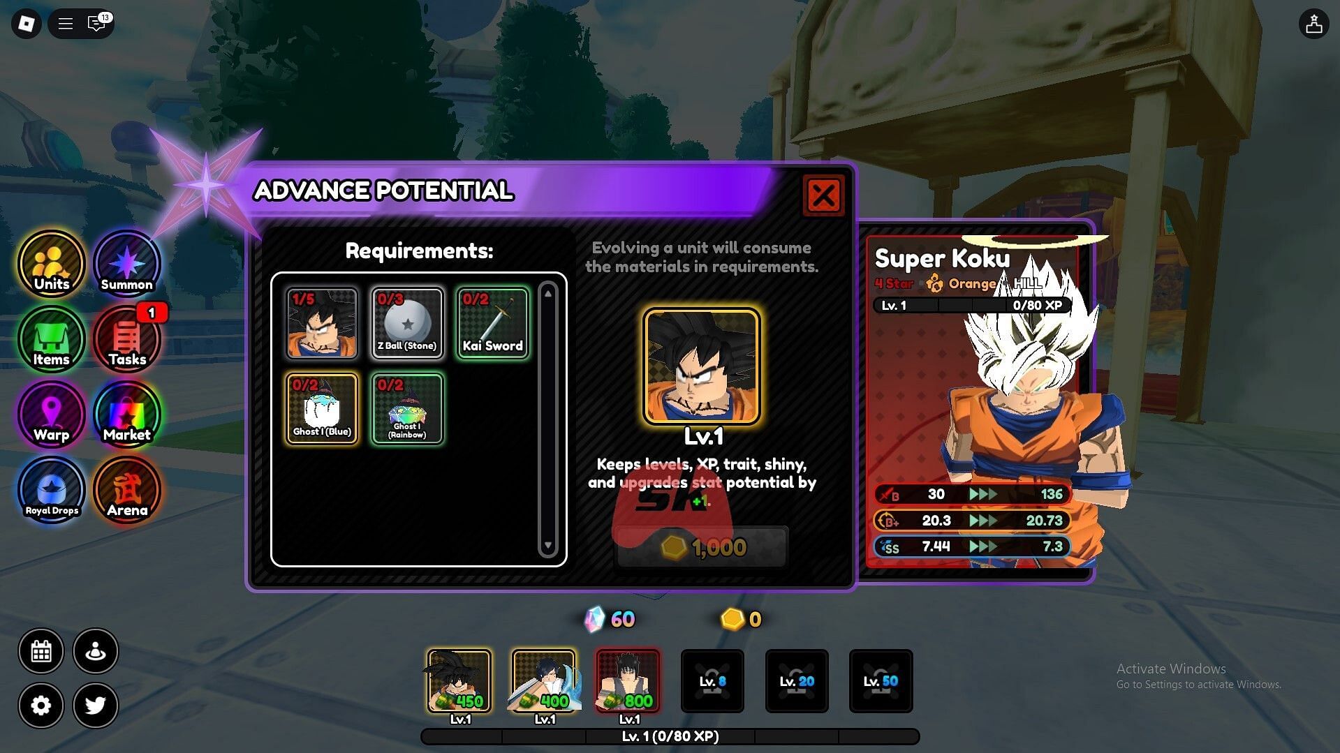 Evolving units in the game (Image via Sportskeeda Gaming || Roblox)