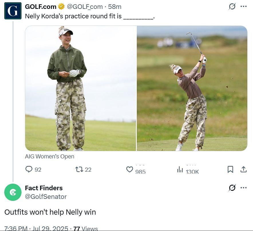 Fans&#039; comments under Nelly Korda&#039;s outfit post (Image Credit: X @Golf_com)